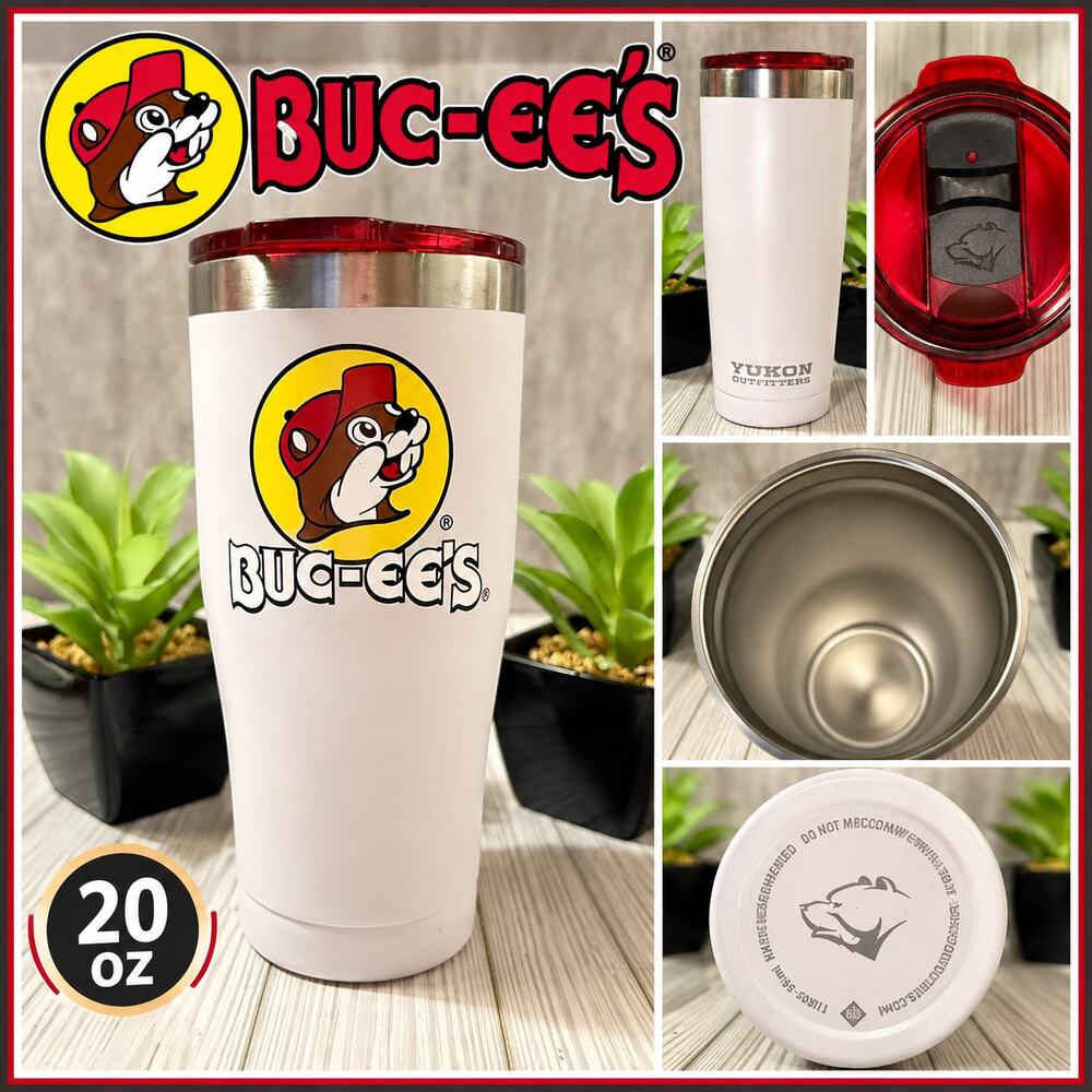 Buc-ee's Yukon Outfitters 20 oz Tumbler Travel Mug White Red Lid Beaver Logo